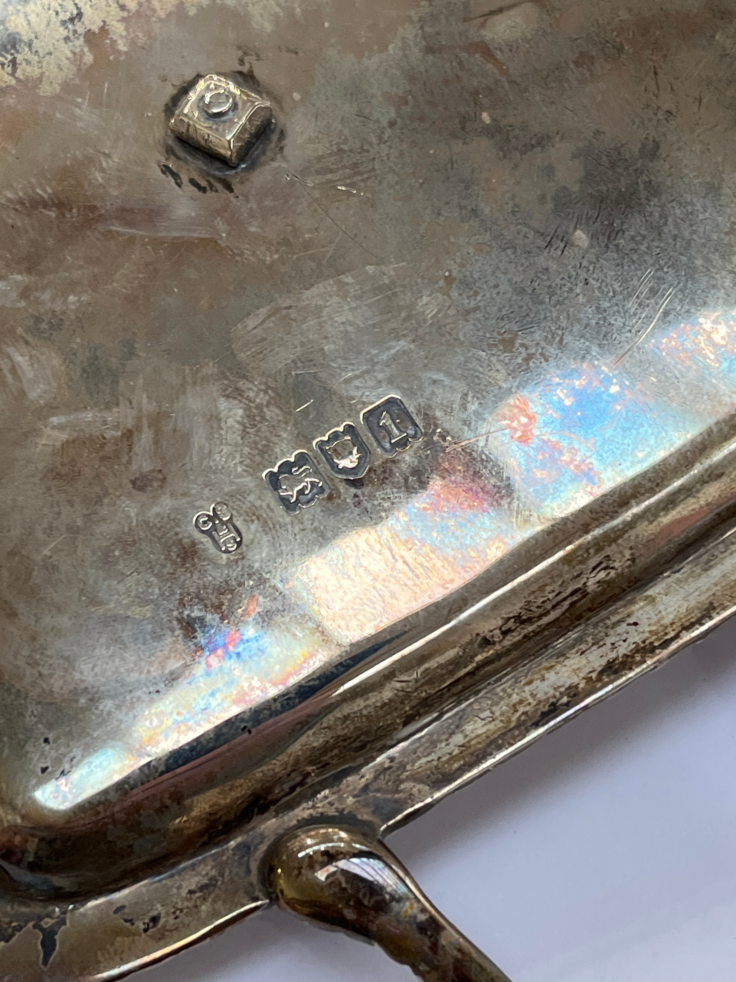 An Edwardian silver desk stand, twin handle, gadrooned border, central inkwell, raised on feet, - Image 3 of 3