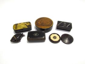 A group of six 19th Century snuff boxes including papier mache, horn, varying shapes and sizes,