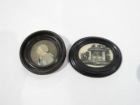 A miniature coloured etching of George III and miniature oval resin picture of two villagers in