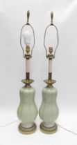 A pair of tall ceramic gourd form lamps with ormolu bases, 108cm total height