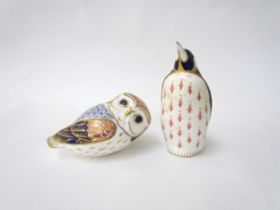 A Royal Crown Derby paperweight as an owl, gold stopper and a Royal Crown Derby paperweight as a
