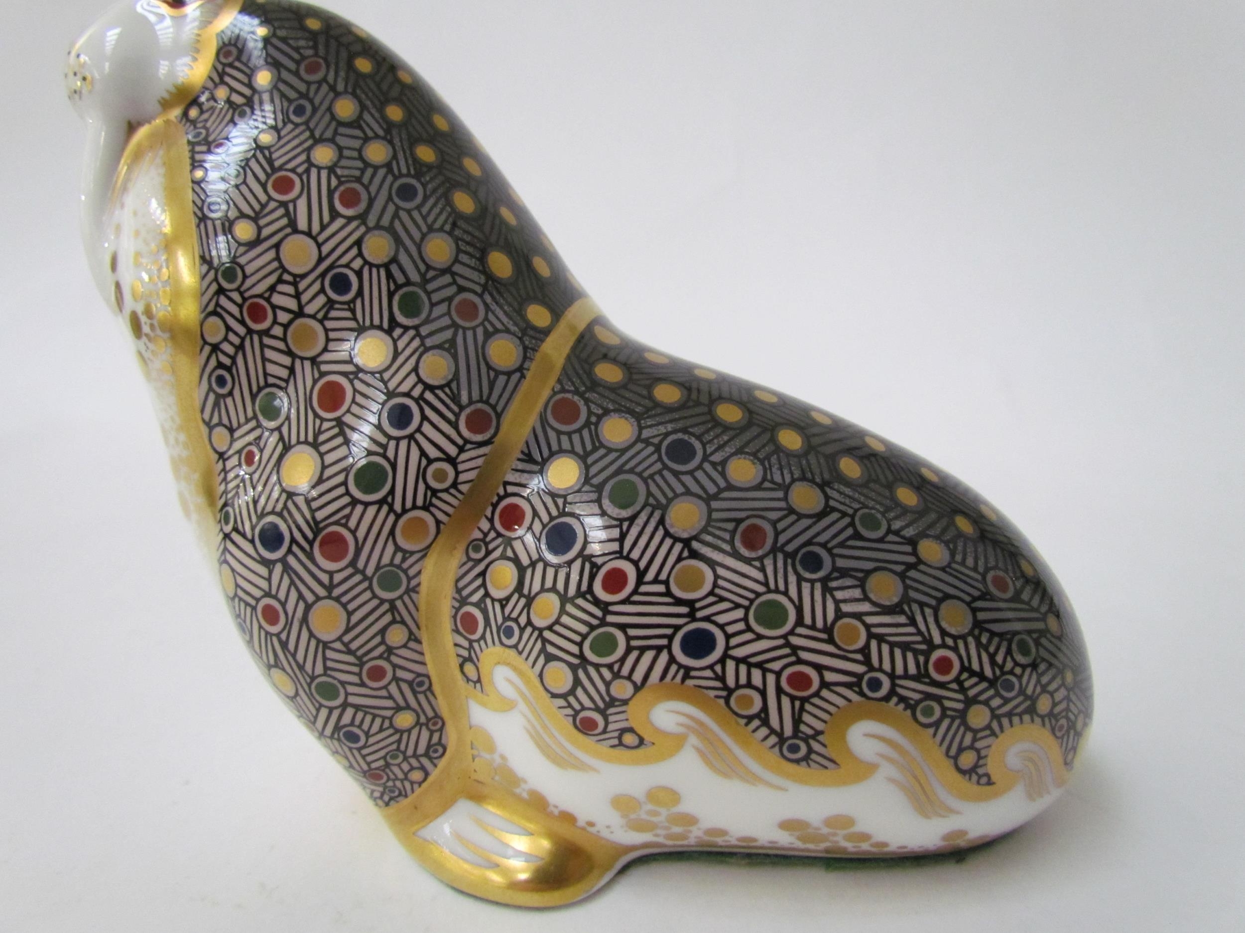 A Royal Crown Derby paperweight as a Walrus, gold stopper - Image 5 of 7