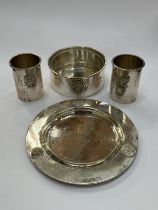 A Thai silver Alex & Co, Sterling olive dish and two tooth pick holders, 235g together with two