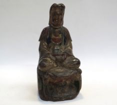 A late 18th Century Chinese polychrome wood figure of Guanyin, 19cm tall x 8.5cm x 8cm