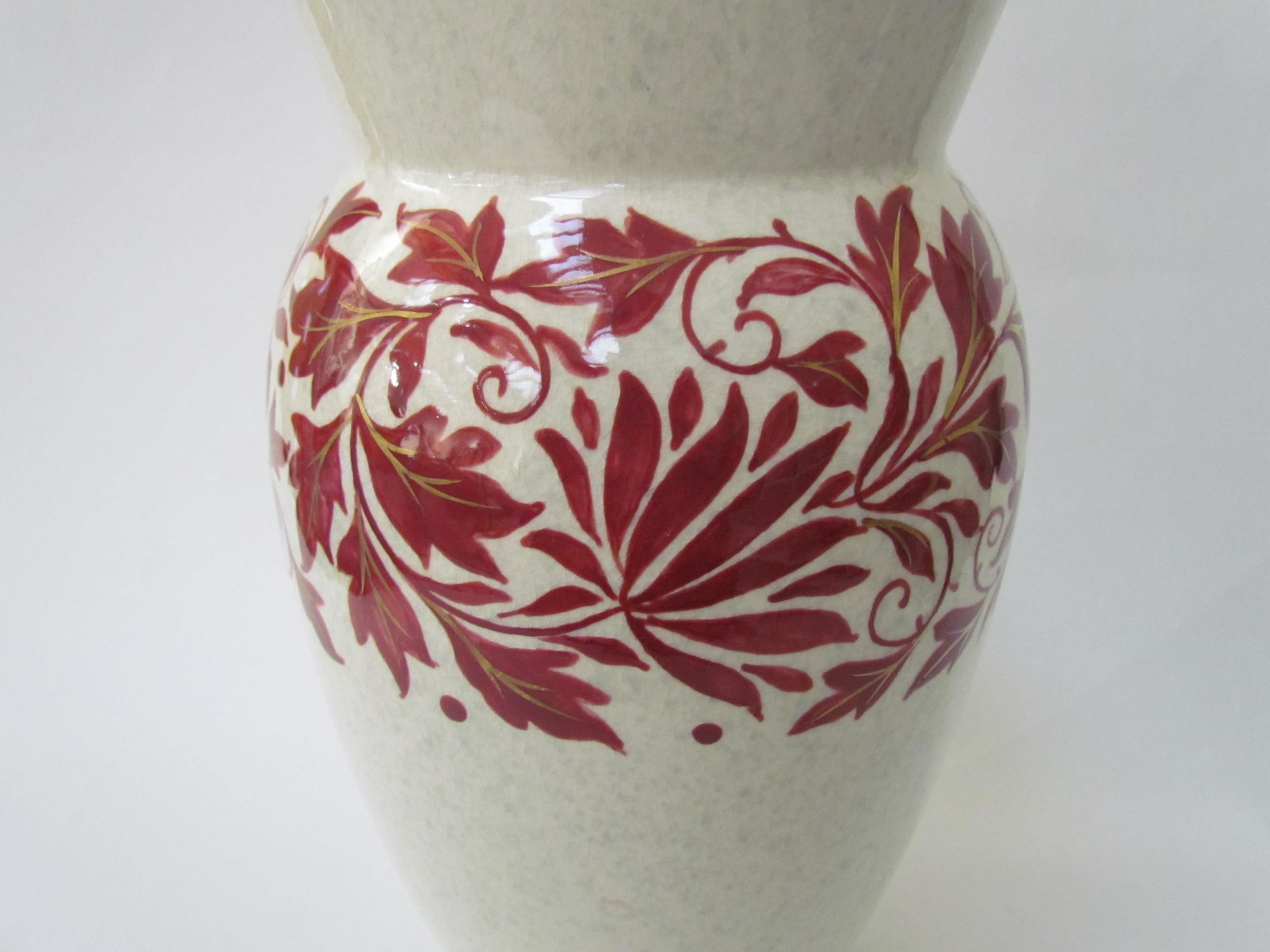 A Charlotte Rhead for Bursley Ware vase, mottled white with red foliage design enriched with gilt, - Image 4 of 11