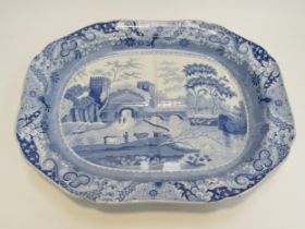 A 19th Century Spode blue and white turkey plate, 52cm x 40.5cm