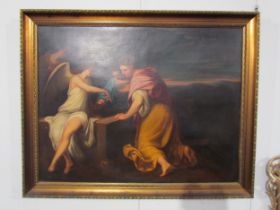 A 19th Century Continental oil on canvas of Biblical scene with celestial figures, 70.5cm x 91.