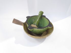 Six provincial French earthenware items including Pestle and Mortar, sieve, pots, etc