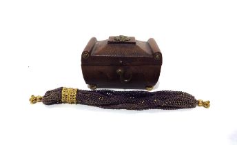 A Georgian miniature leather covered sarcophagus form jewellery box with brass embellishment, 6.