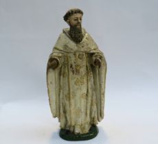 An 18th Century Spanish polychrome Saint carved wood figure in white cuculla robe, 37cm tall, 16.5cm