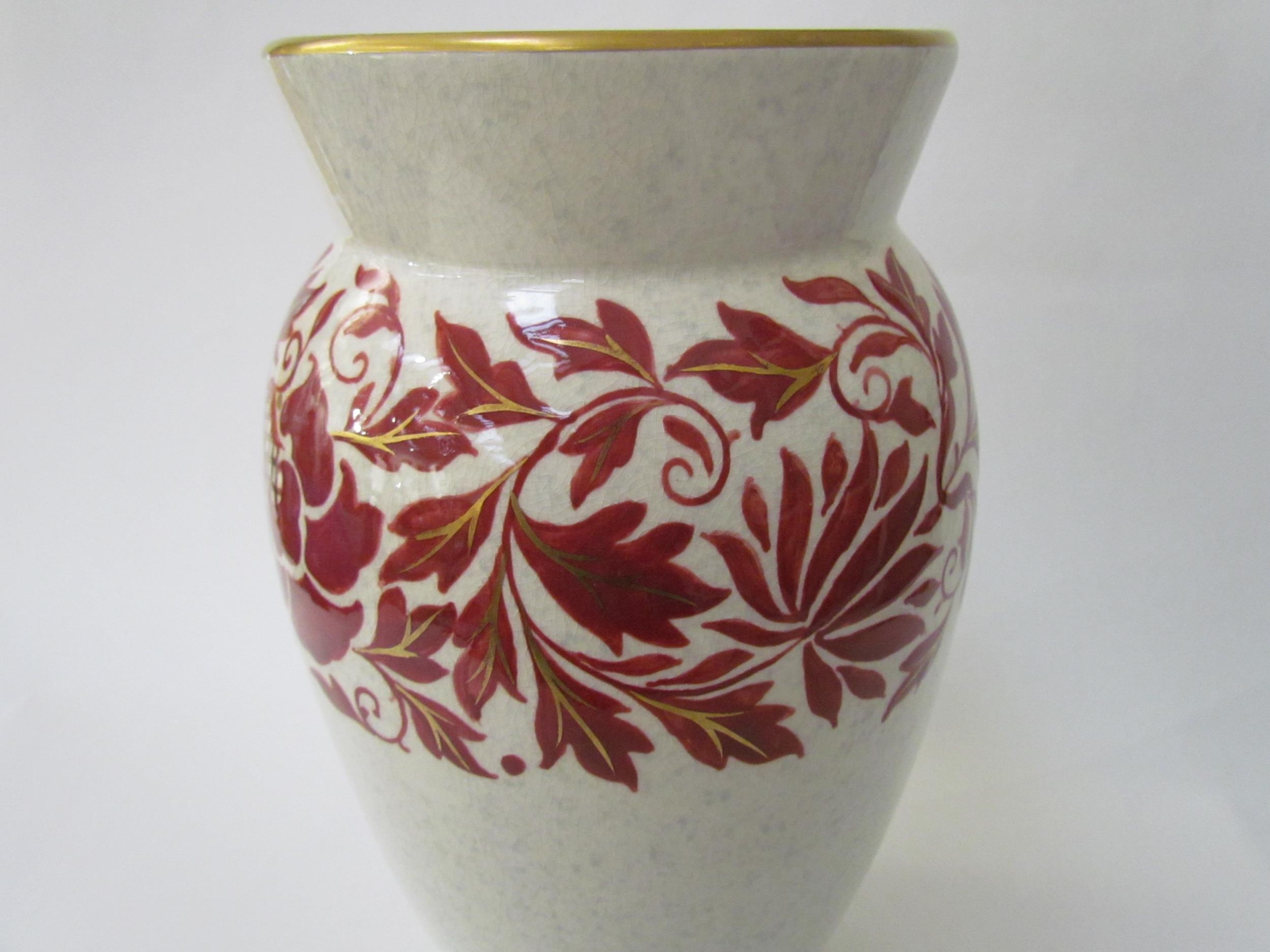 A Charlotte Rhead for Bursley Ware vase, mottled white with red foliage design enriched with gilt, - Image 6 of 11