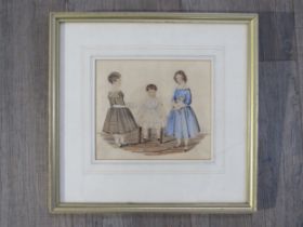 A 19th Century family portrait of three smartly dressed girls, one holding a cat, unsigned,