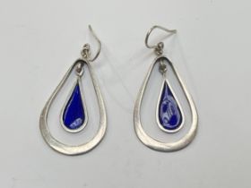 A pair of silver and blue enamel drop earrings, 5.8g