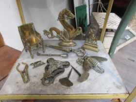 Georgian and Victorian brass ware including seahorse, Pharaoh's chair, scissors, note holder