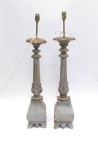 A pair of carved wood painted tall lamps with slender bodies to bulbous bases,78cm tall