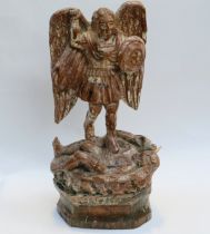 Possibly 18th Century crude carved wood sculpture of "Archangel Saint Michael" with remnants of