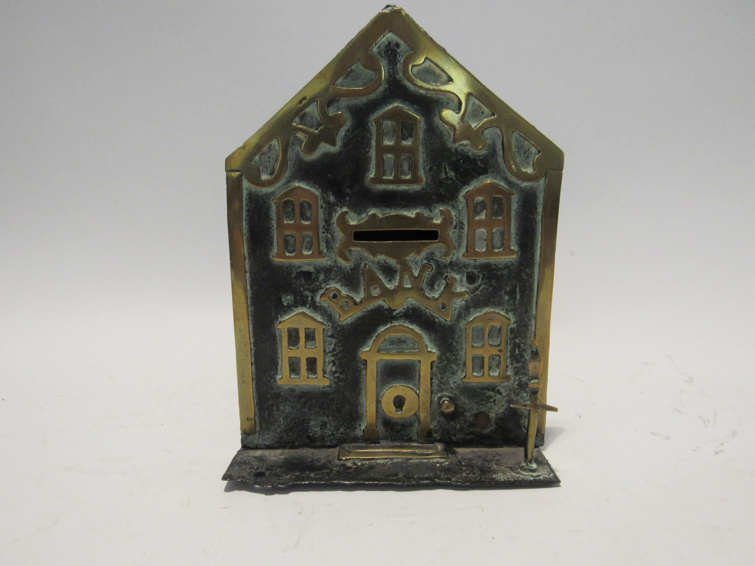 A Georgian wrought metal Yorkshire Bank money box with brass windows, door and street lamp, 19cm x - Image 2 of 3