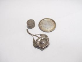 A Portuguese silver trinket pot set with 814 Cruzado Novo coin, Denmark Sterling silver pin dish and