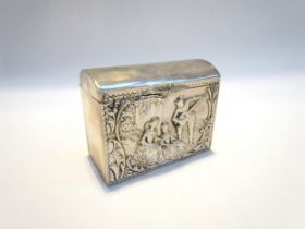 A Henry Matthews silver playing card box, embossed design of musician playing to seated ladies to