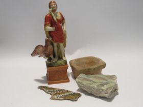 A 19th Century ceramic figure of Jupiter, two painted wall fragments and terracotta dish (4)