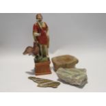 A 19th Century ceramic figure of Jupiter, two painted wall fragments and terracotta dish (4)