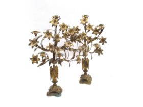 A pair of 19th Century highly elaborate six sconce ormolu candlesticks with flower, leaf and Angel