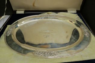 A Siam silver oval tray with central presentation inscription in original retailers box "Jewels by