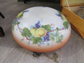 A frosted glass ceiling shade with grape vine and fruit decoration, hanging on three chains, 41cm