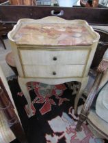 A shabby-chic French marble top night table with two drawers over tapering cabriole legs. 75cm x
