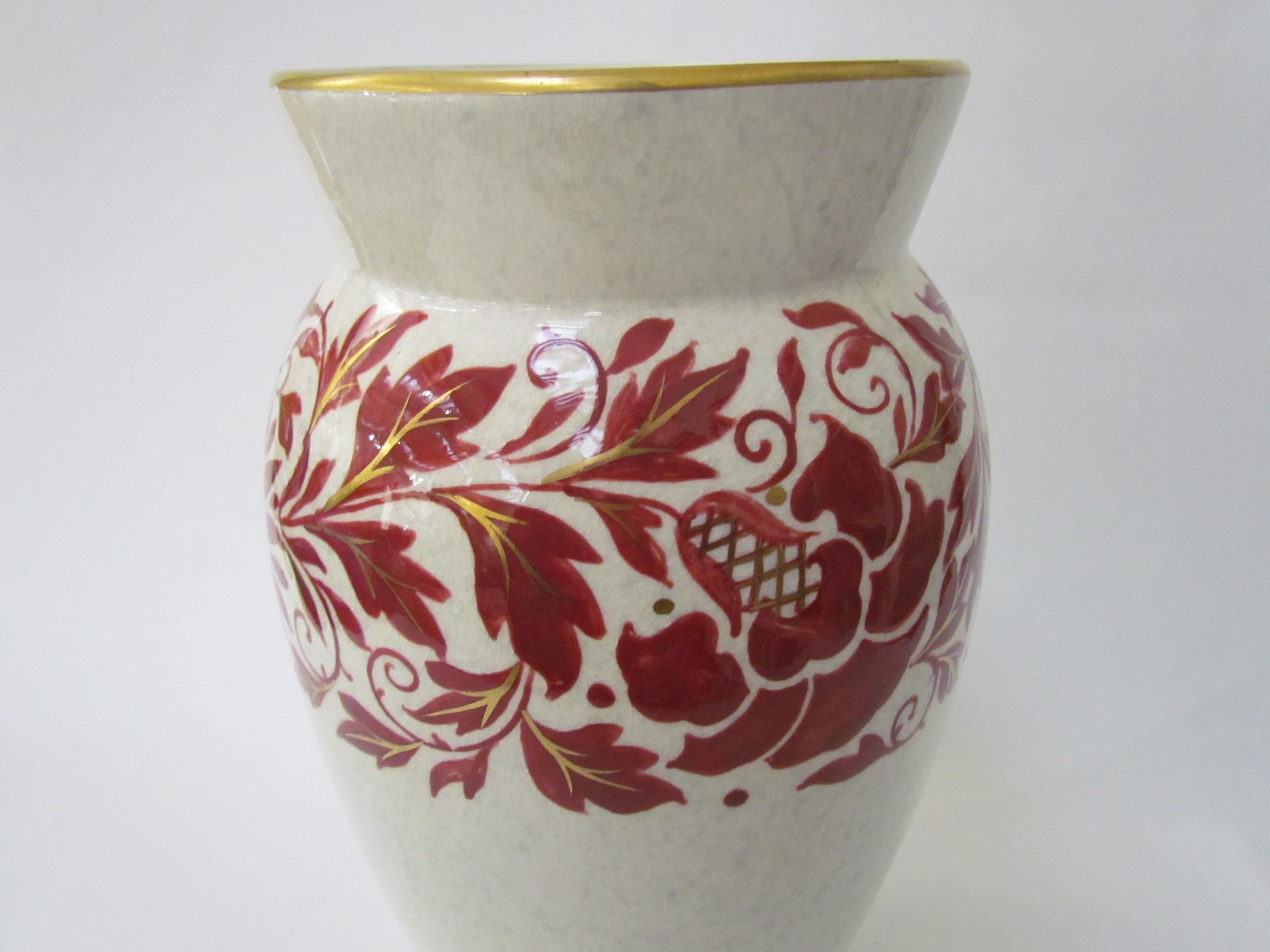 A Charlotte Rhead for Bursley Ware vase, mottled white with red foliage design enriched with gilt, - Image 5 of 11