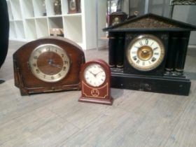 A slate architectural form mantel clock (a/f), mahogany cased mantel clock, Metamec mantel clock (3)