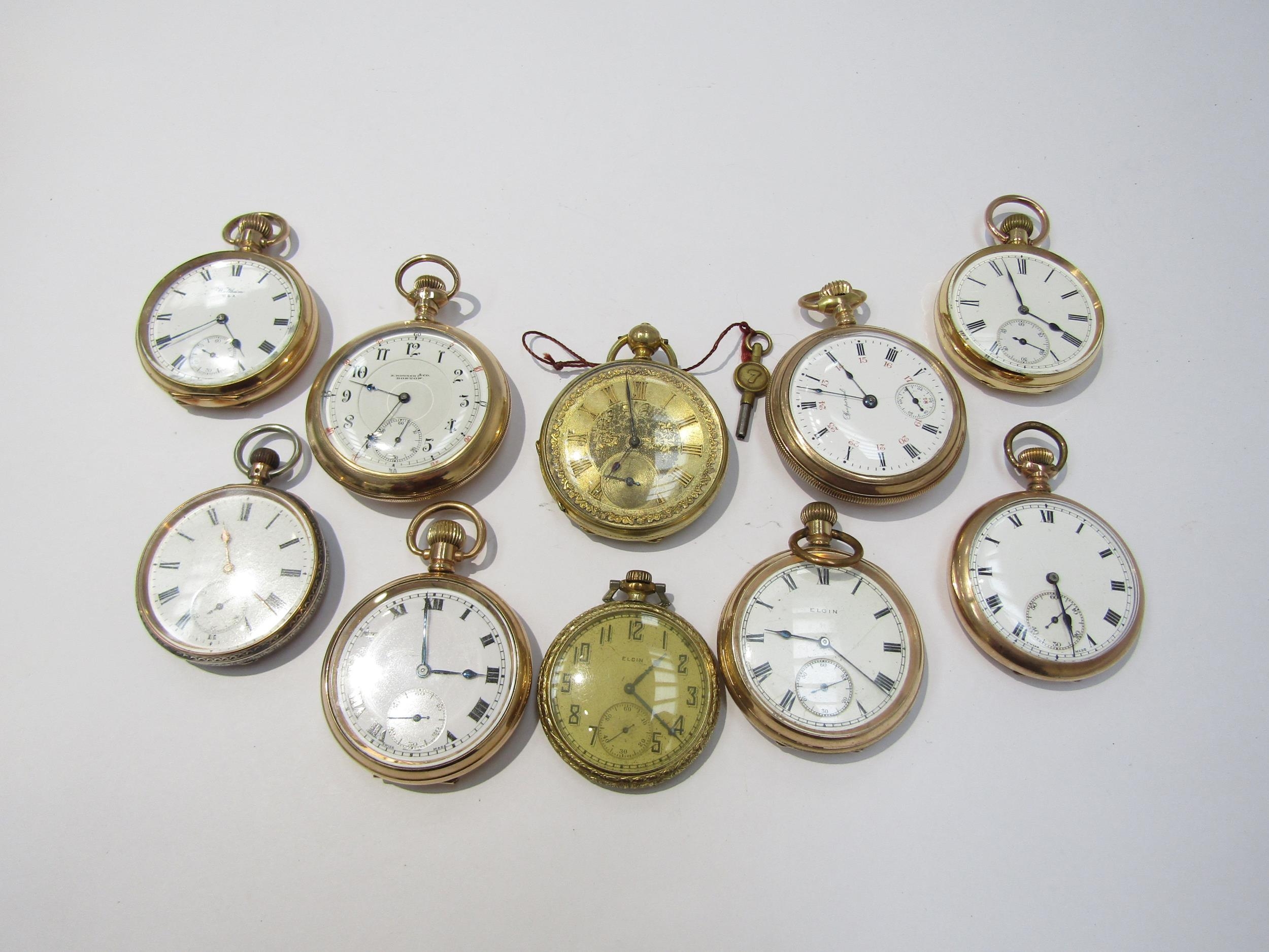 Nine assorted gold plated open faced pocket watches, including American, English and Waltham