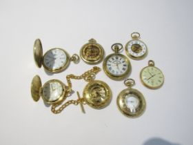Eight modern gold plated pocket watches, mechanical and quartz