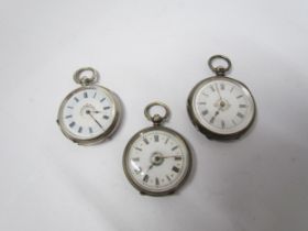 Two Continental silver fob watches and English silver cased London 1882. Decorative cases floral