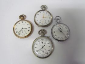 Two pocket watches including Meteor (face damaged) nickle cased and two Stop watches (damage to
