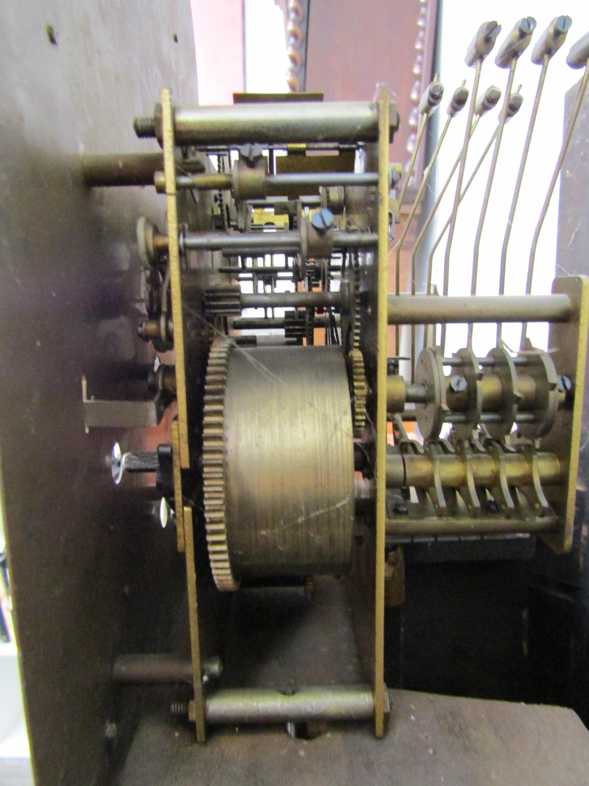 An oak cased Westminster chime Grandmother clock with brass face, Roman numerated dial and outer - Image 5 of 5