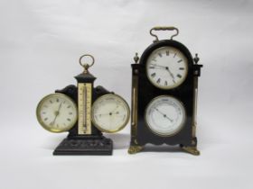 Two late 19th Century French barometer/timepieces in ebonised and cast iron frames, both with