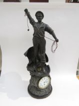 A large figural timepiece 'Sounding the Depth', spelter figure of a sailor casting a plumb line (