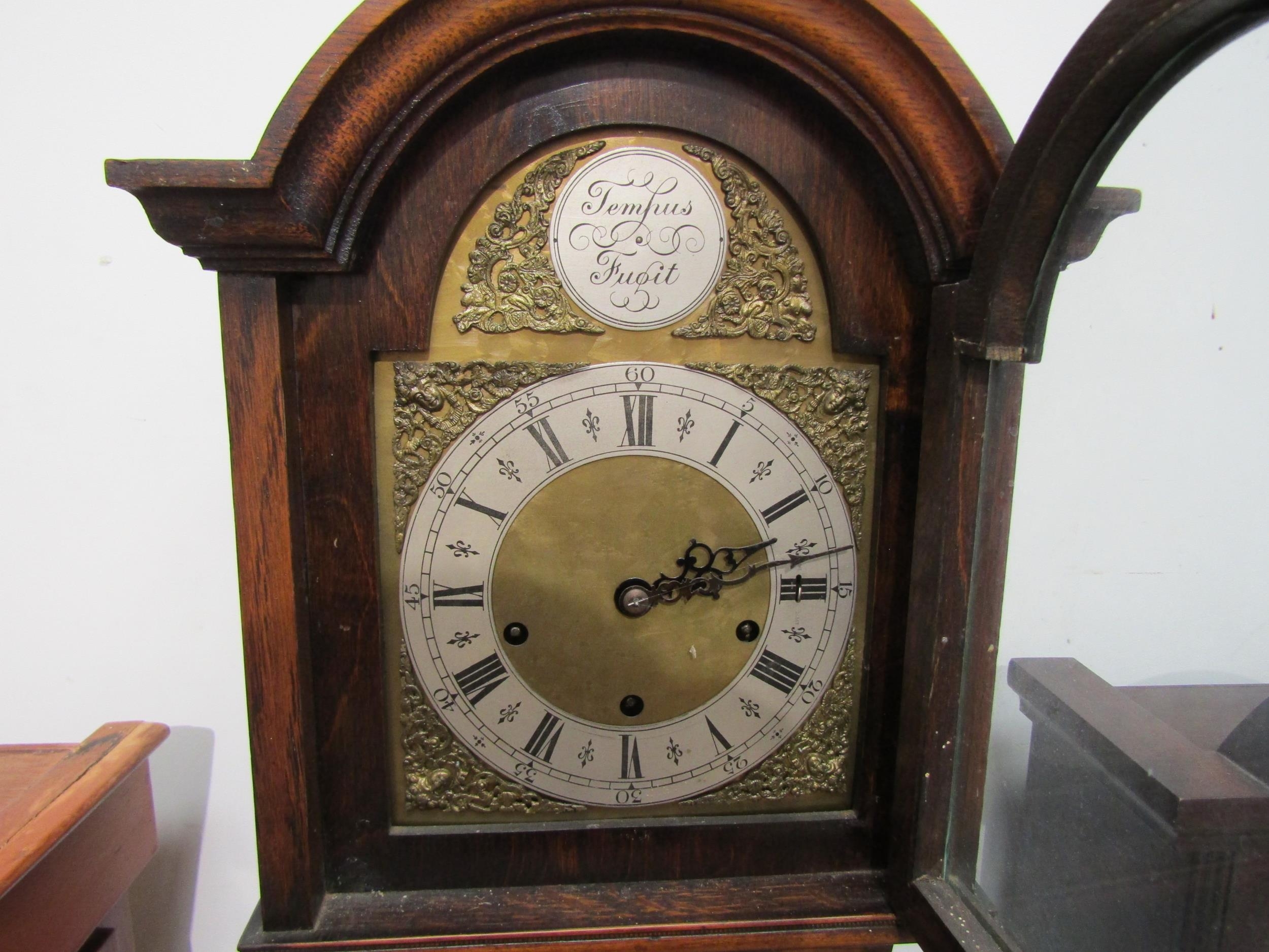 An oak cased Westminster chime Grandmother clock with brass face, Roman numerated dial and outer - Image 2 of 5
