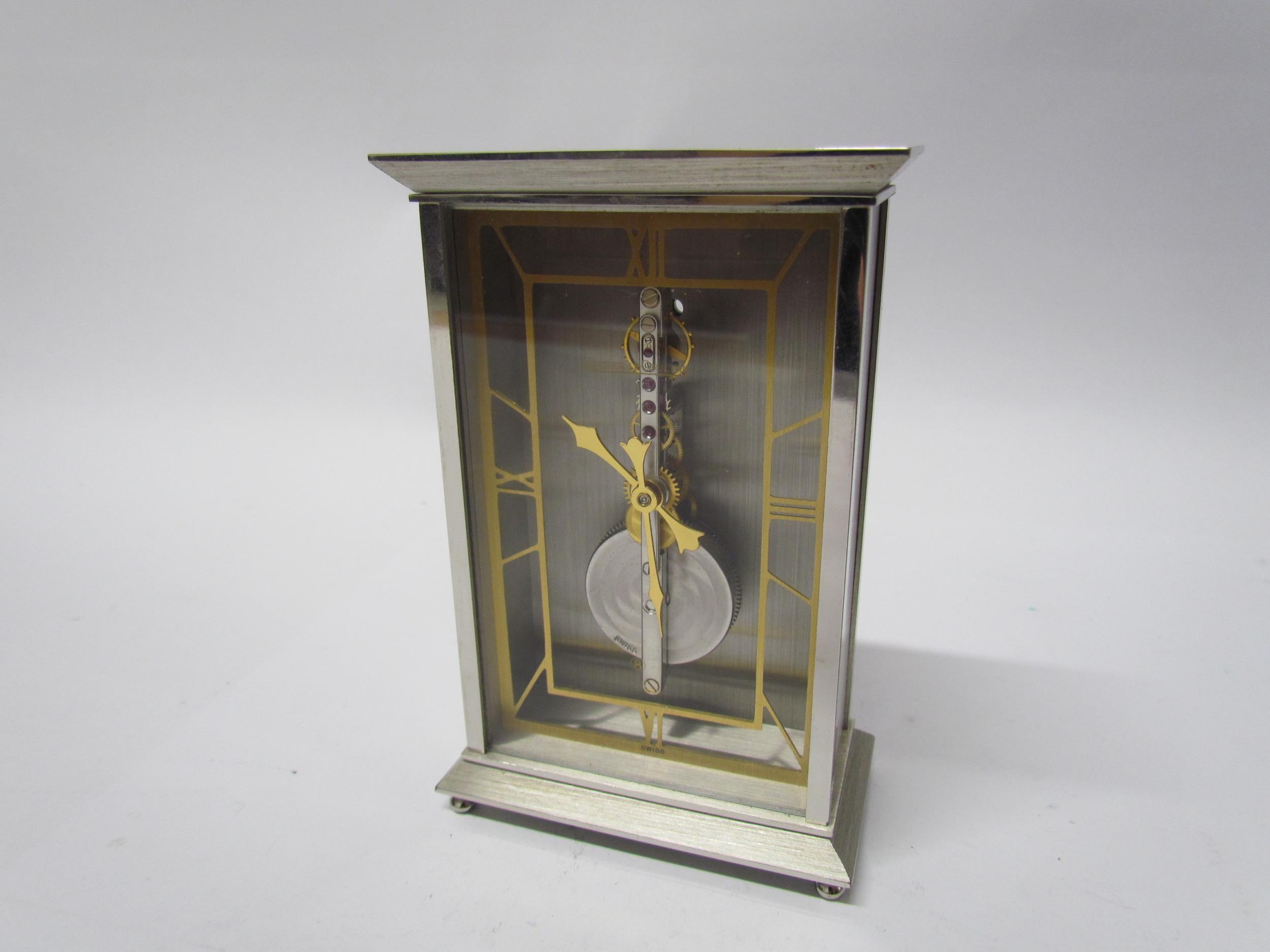 A Jaeger Le Coultre No. 481 mantel clock, visible skeleton movement set with rubies, stainless steel - Image 2 of 5