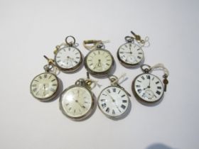 Seven 19th Century English silver cased pocket watches including fusee and chronograph