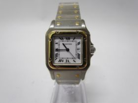 A Cartier Santos men's wristwatch, steel and 18ct gold with sapphire crown, with documentation, case