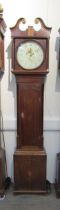 A 19th Century oak and mahogany 30-hour longcase clock, with chain drive, pinned count wheel to