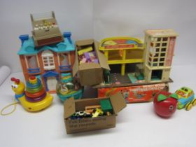 Mixed plastic toys and play sets including dolls house with furniture, Fisher Price garage and cars,