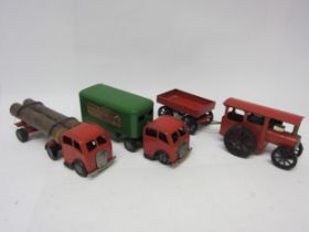 Three unboxed Triang Minic clockwork tinplate vehicles to include log lorry, in red with wooden