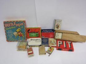 Assorted Vintage games including Beetle, dominos, draughts, etc and two miniature music boxes