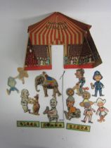 A vintage Mathews Circus printed card play set comprising big top tent and eight articulated card