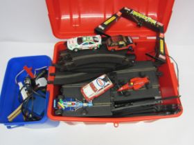 A collection of loose and playworn slot racing cars, track and accessories including Scalextric