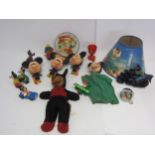 A collection of assorted character toys to include Disney Mickey and Minnie Mouse pull string