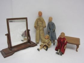 Four dolls house dolls, swing mirror and table (6)